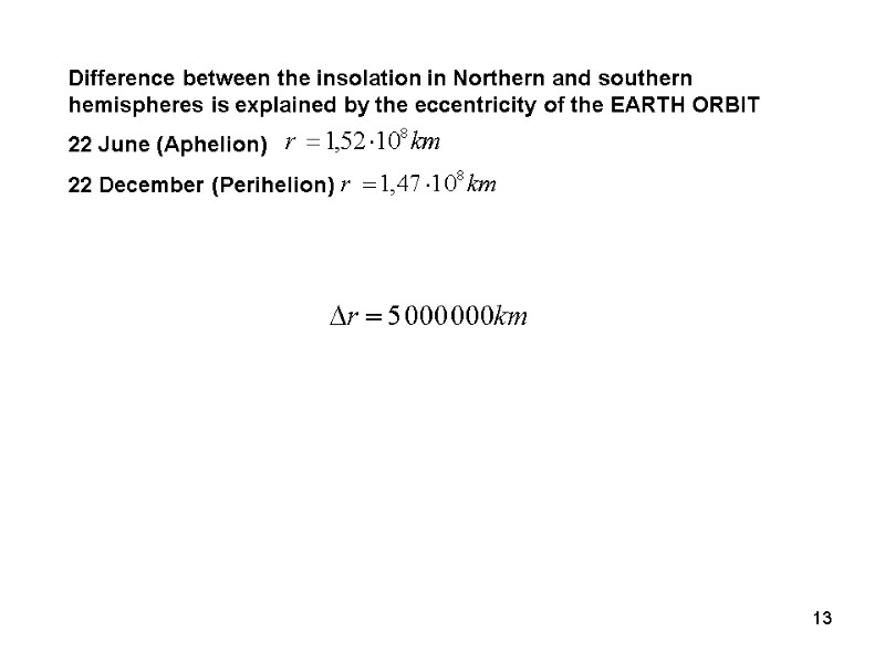 13 Difference between the insolation in Northern and southern hemispheres is explained by the